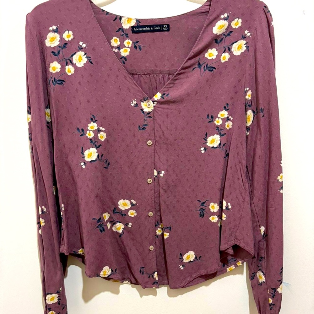 Abercrombie & Fitch button Peasant Blouse - Burgundy w butter yellow florals